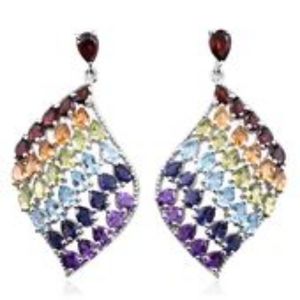 Multi Gemstone Earrings (1.85 inches long) in Platinum Over Sterling Silver